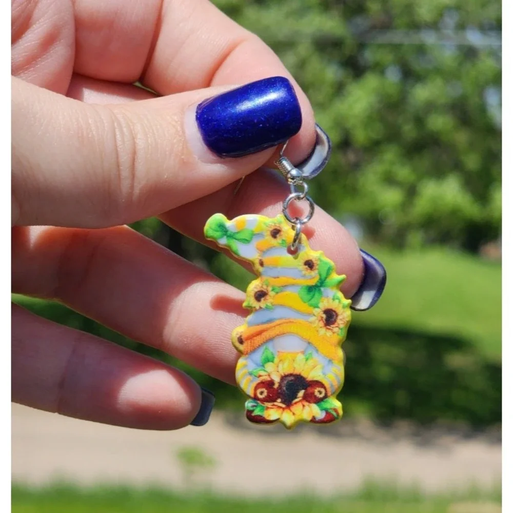 Gnome Earrings‎ Sunflower Theme Yellow Striped Hat Cute Dangle Jewelry